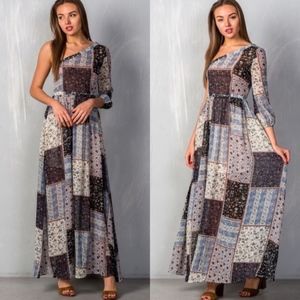 New One Shoulder Check Floral Maxi Dress Royal
